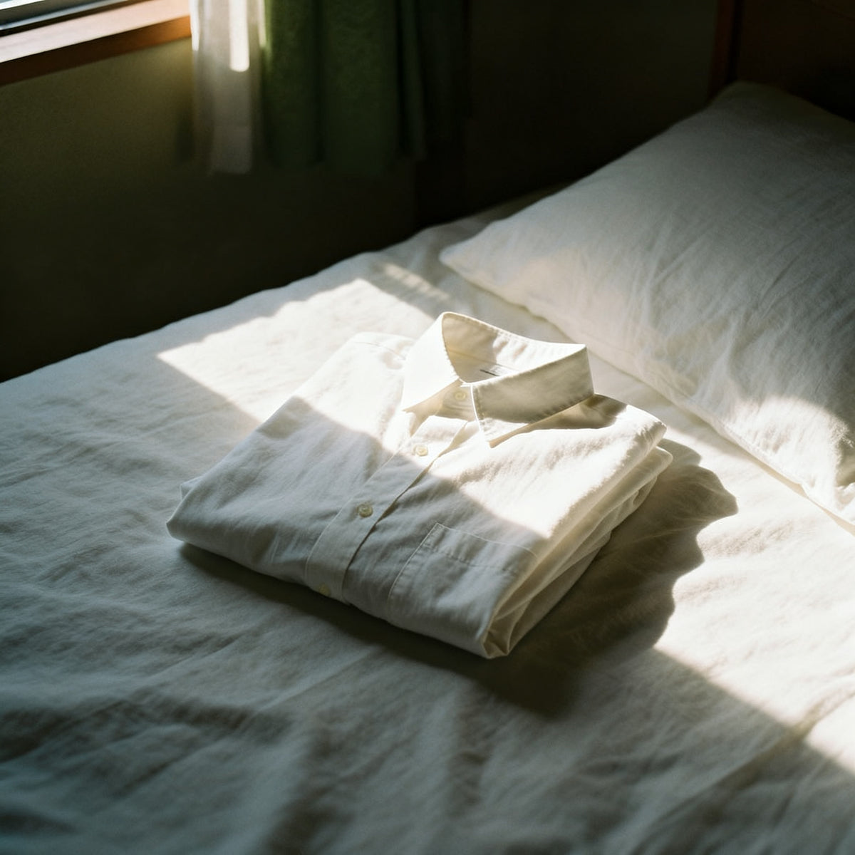 A folded white shirt and pillowcase in early morning light