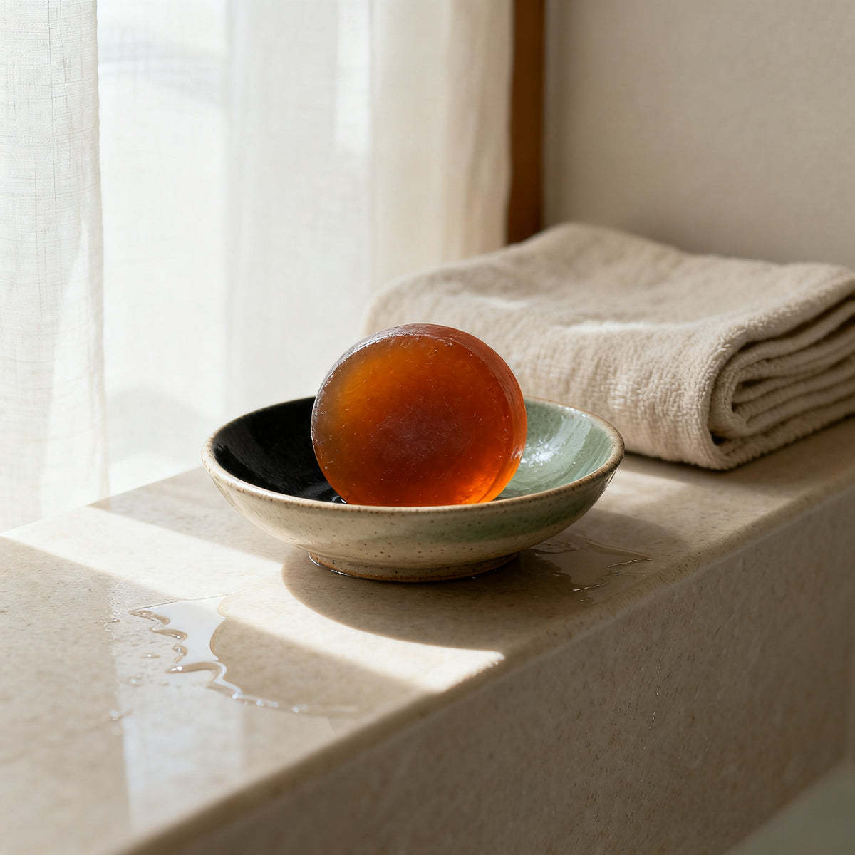 Yuagari persimmon soap bar resting wet in a ceramic dish on a stone ledge