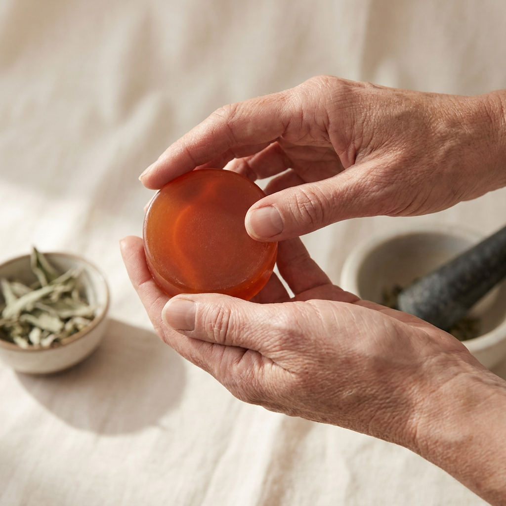 Hands holding a translucent amber Yuagari persimmon soap bar