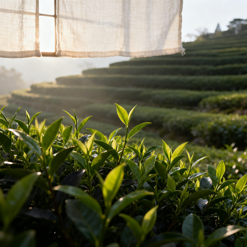 Fresh green tea leaves in a Japanese tea garden