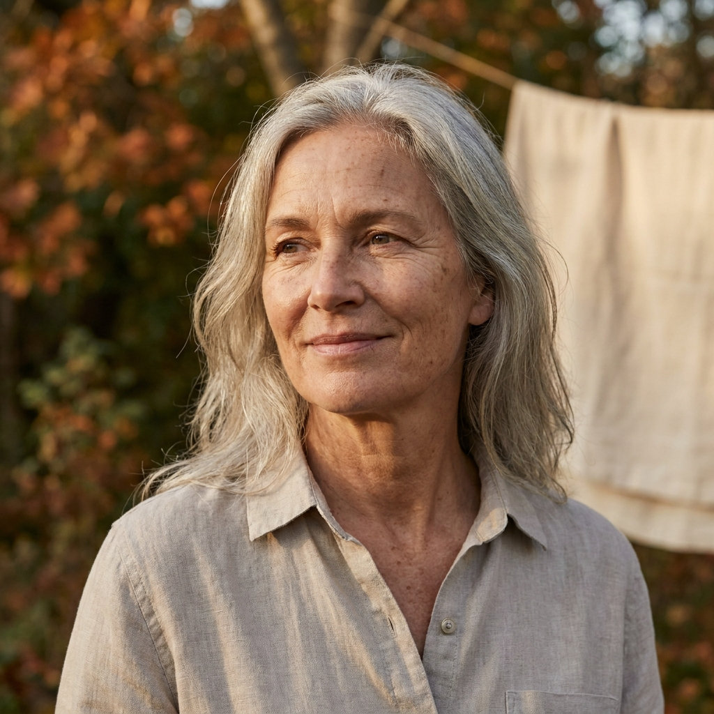 Woman in her fifties outdoors in warm afternoon light