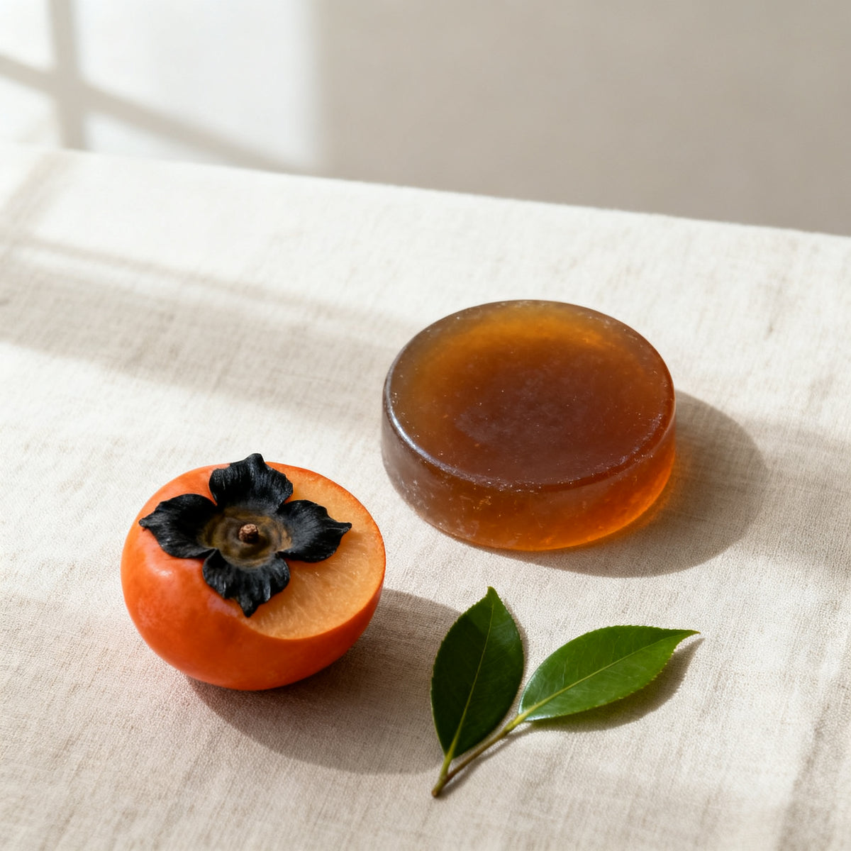 Yuagari persimmon soap bar with a halved persimmon and green tea leaves on linen