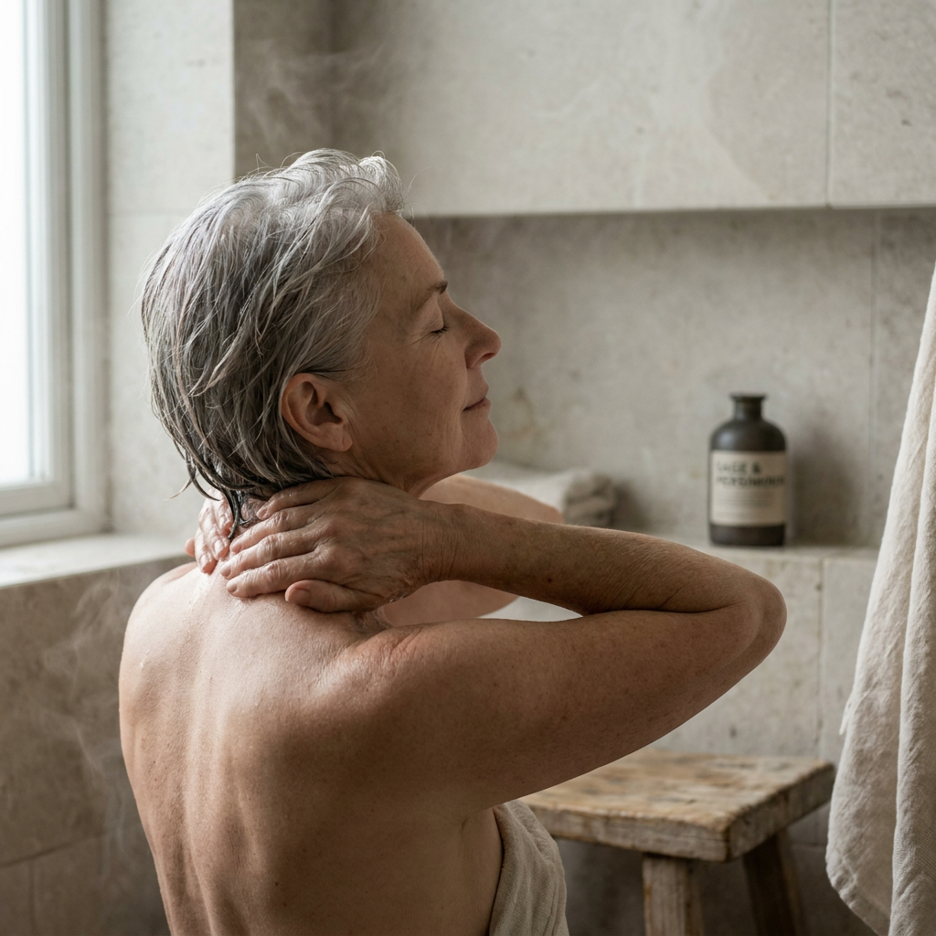 A woman washing the back of her neck in the shower