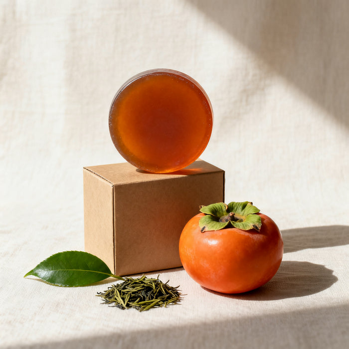 Yuagari persimmon soap bar with kraft box, fresh persimmon and green tea leaves on linen