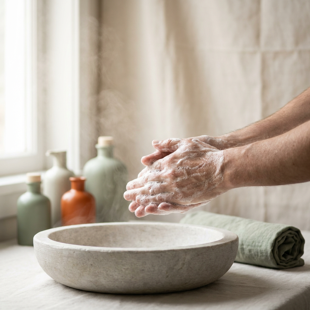 Rich white lather worked between two hands over a stone basin
