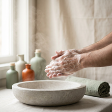 Rich white lather worked between two hands over a stone basin