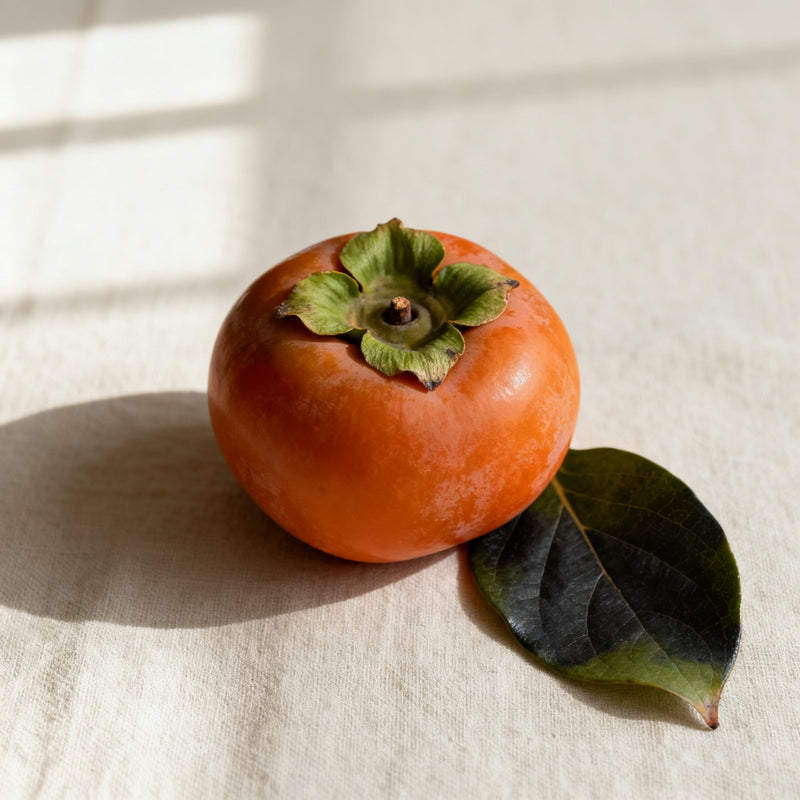 Ripe Japanese persimmon with green calyx on linen