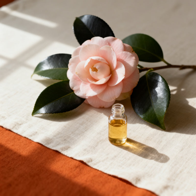 Camellia flower beside a vial of golden seed oil