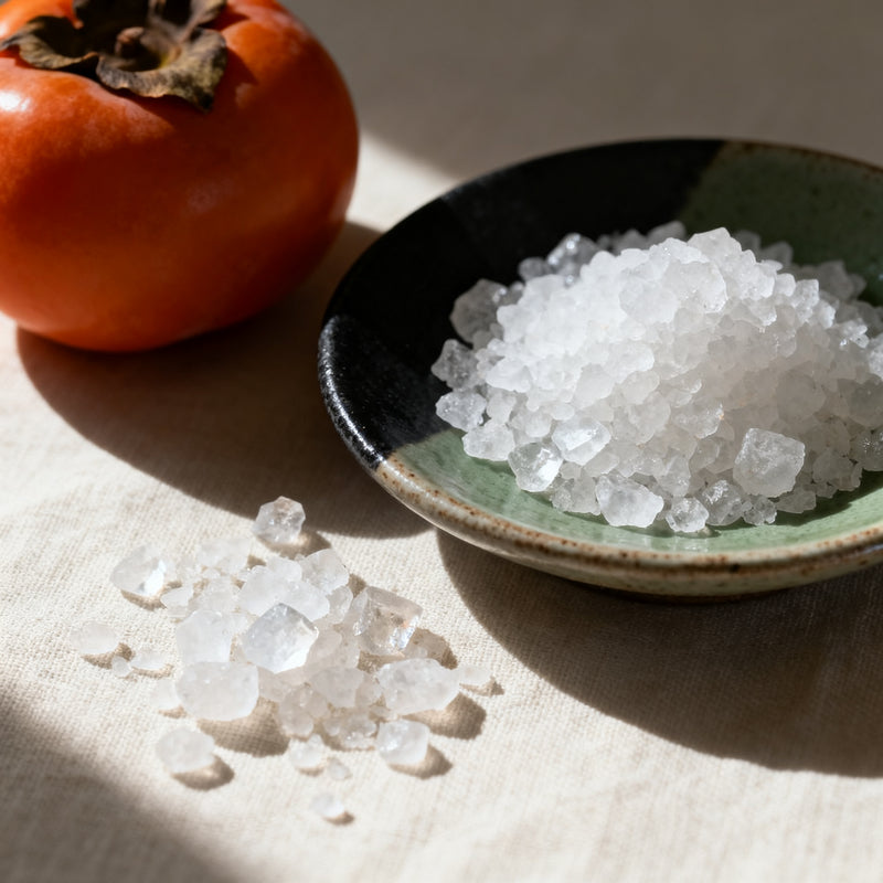 Coarse sea salt crystals in a ceramic dish